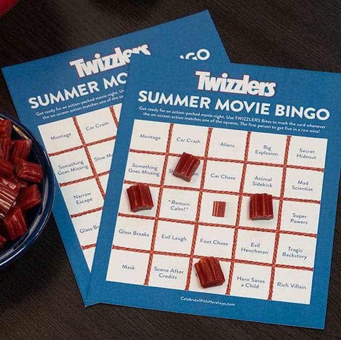 twizzlers Twists popcorn and bingo cards on the table