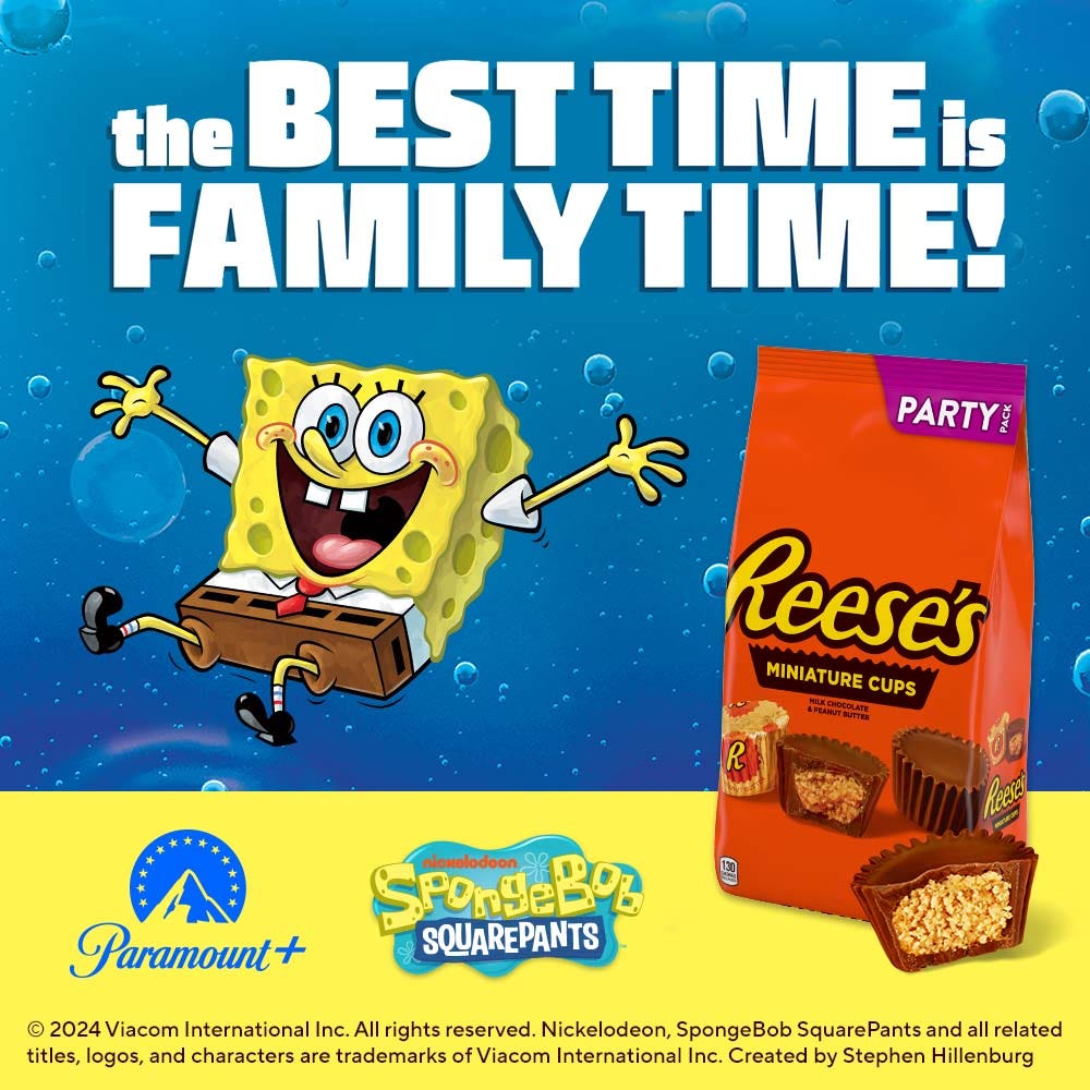 Spongebob Paramount+ promotion graphic with a bag of reese's cups