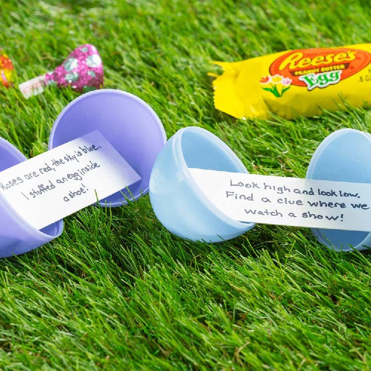 plastic easter eggs opened and filled with easter egg hunt clues