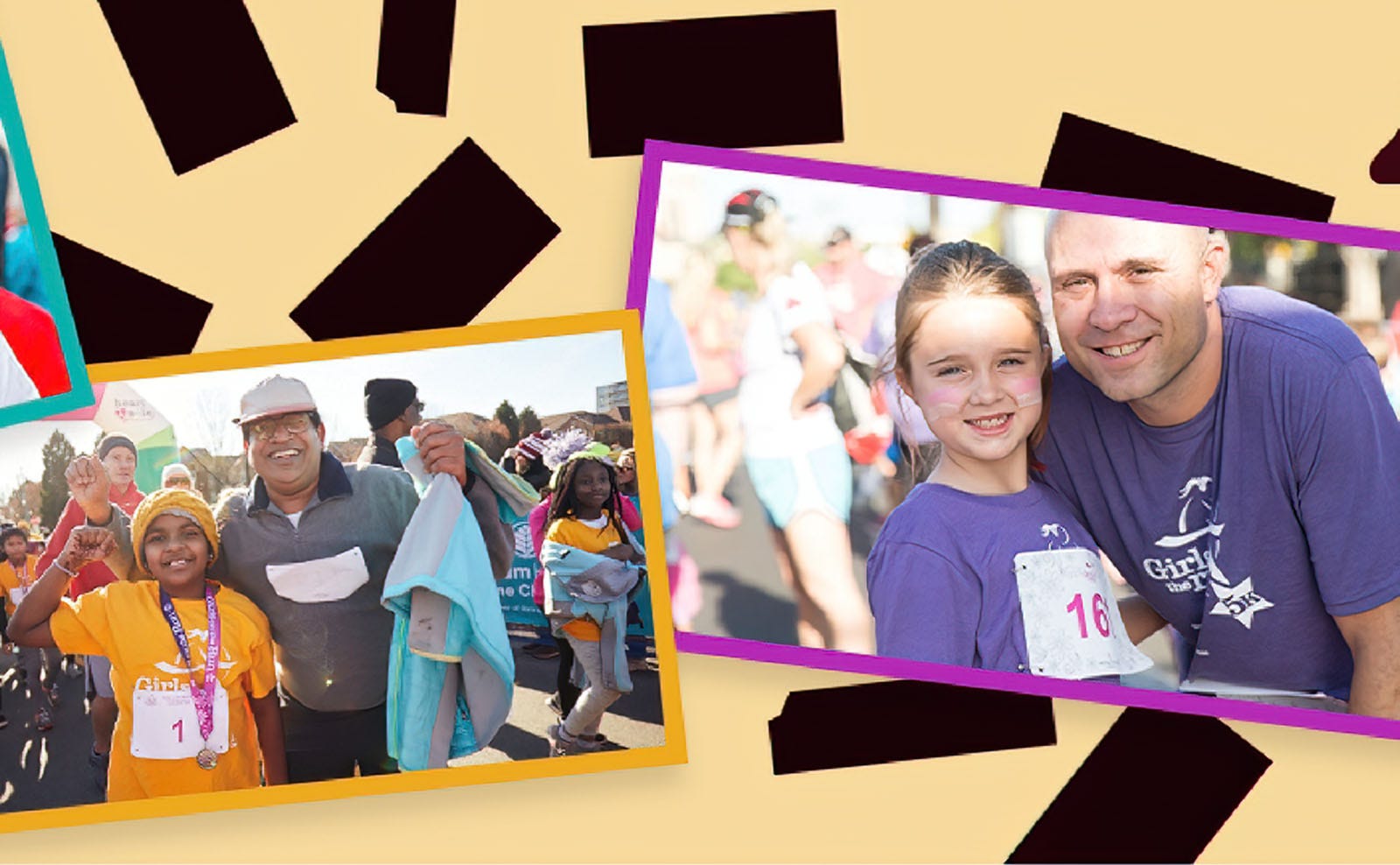 Collage of photos of families with girls at a Girls on the Run community event