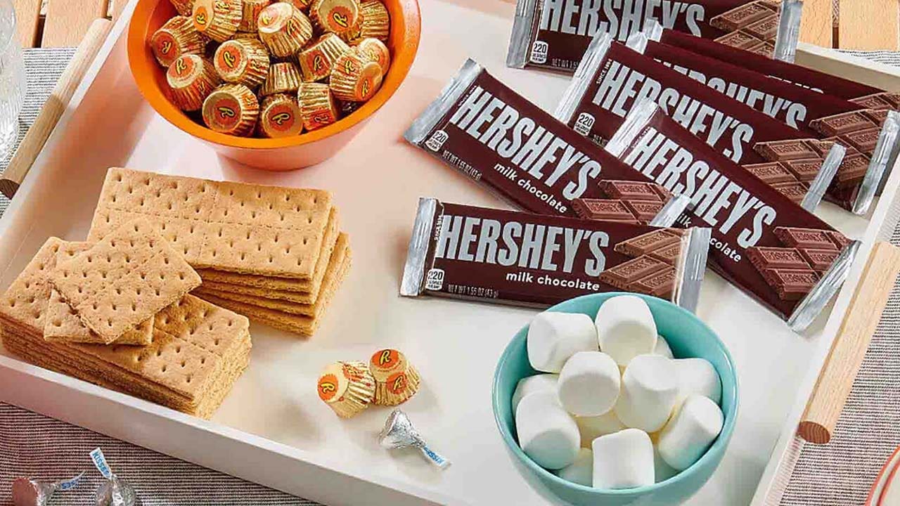 tray of assorted hersheys candy and smores ingredients
