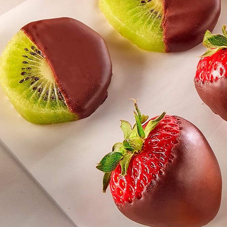 tray of chocolate dipped strawberries and kiwis