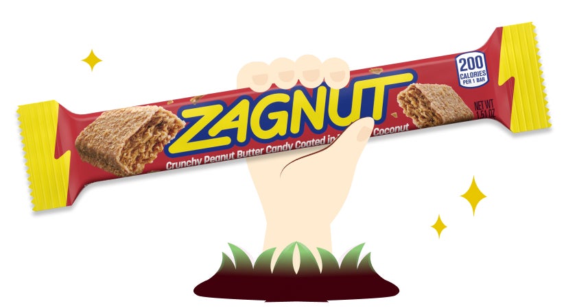 zagnut candy bar being held by illustrated hand popping up from the ground