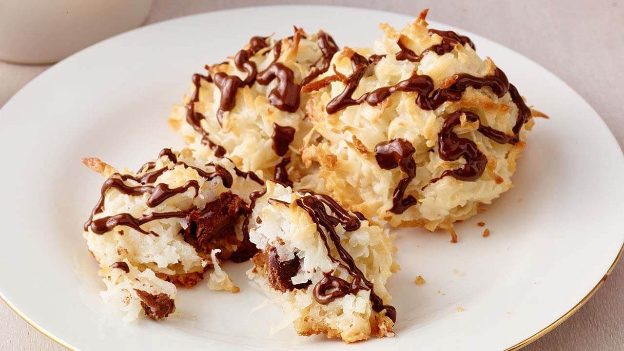 hersheys kisses chocolate stuffed coconut macaroons recipe feature