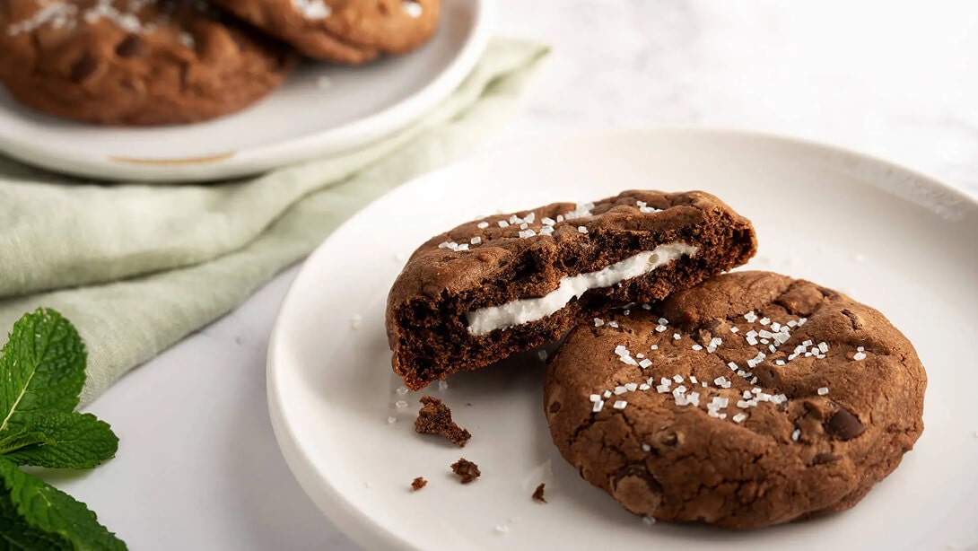 plated double chocolate peppermint pattie cookies with cross section
