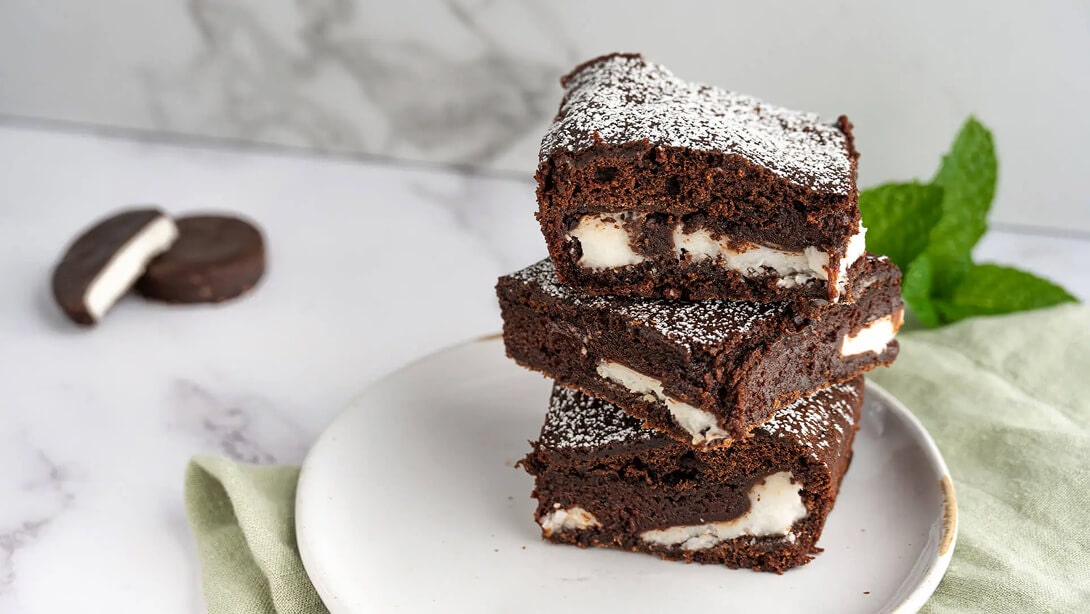stack of peppermint pattie brownies