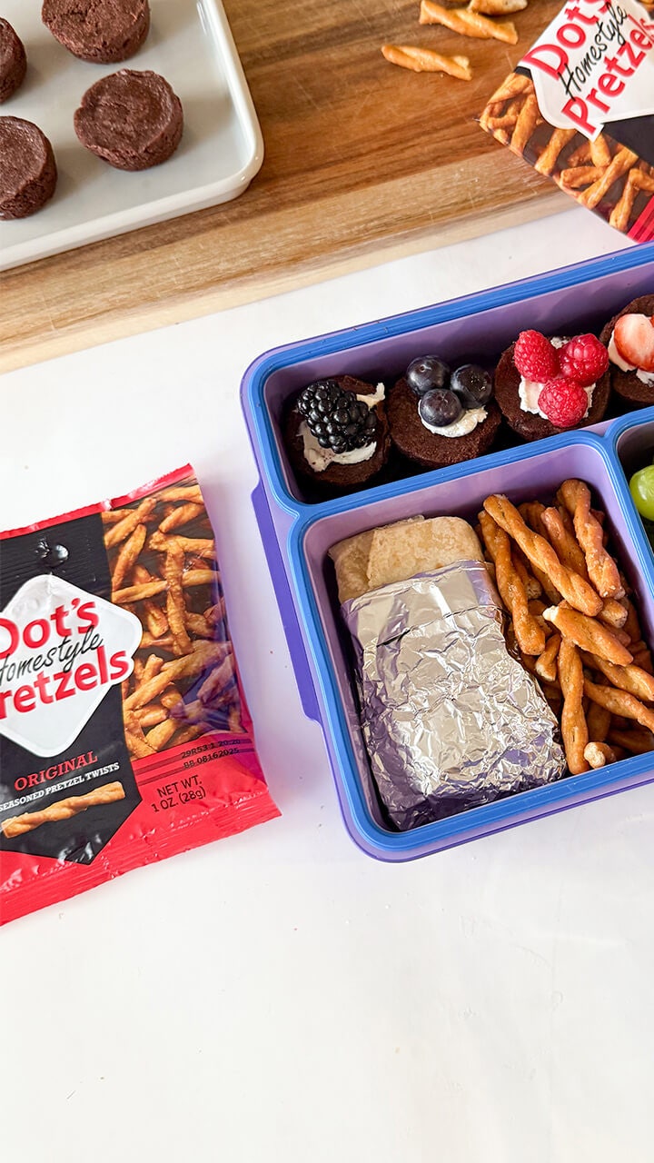 lunchbox for high schoolers and bags of dots pretzels
