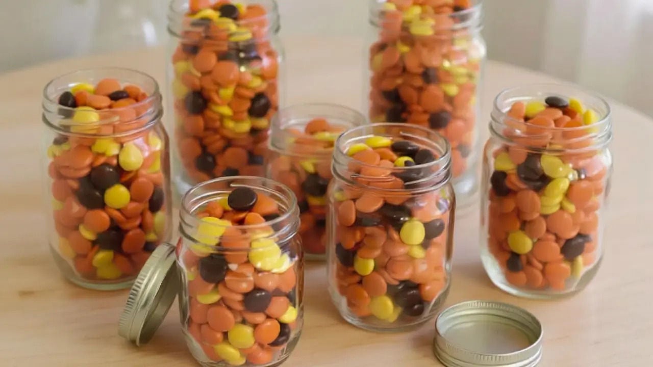 mason jars full of reese's pieces