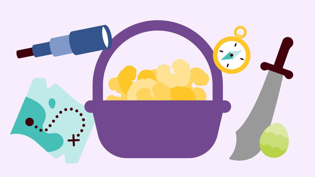 pirate themed basket filled with snacks, gear, and accessories
