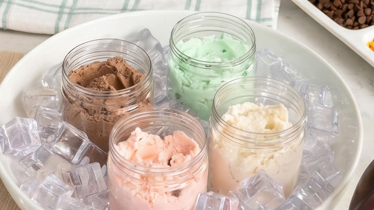 four ice cream pints in bowl of ice