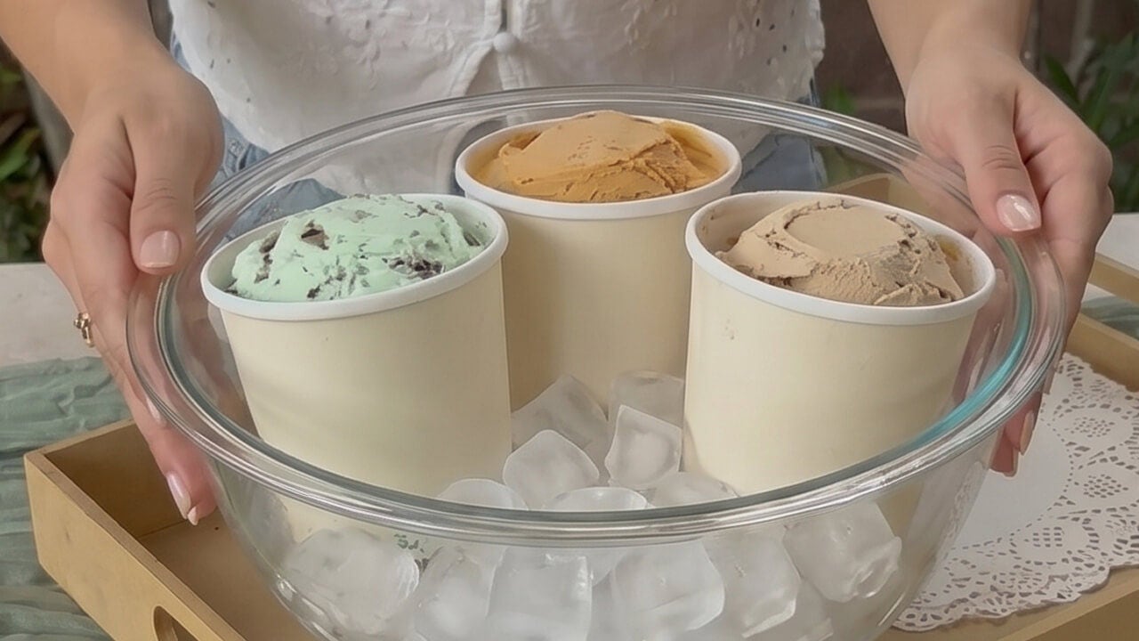three pints of gourmet ice cream flavors in a bowl filled with ice