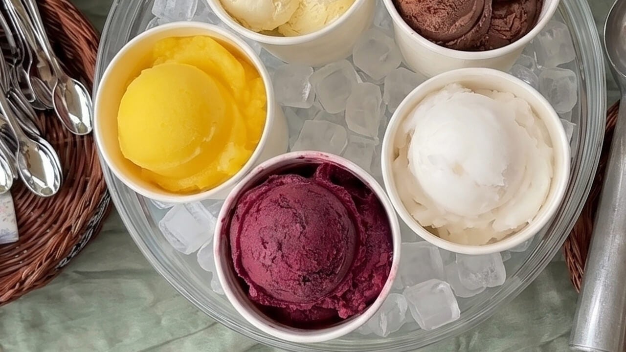 five ice cream pints in a bowl filled with ice
