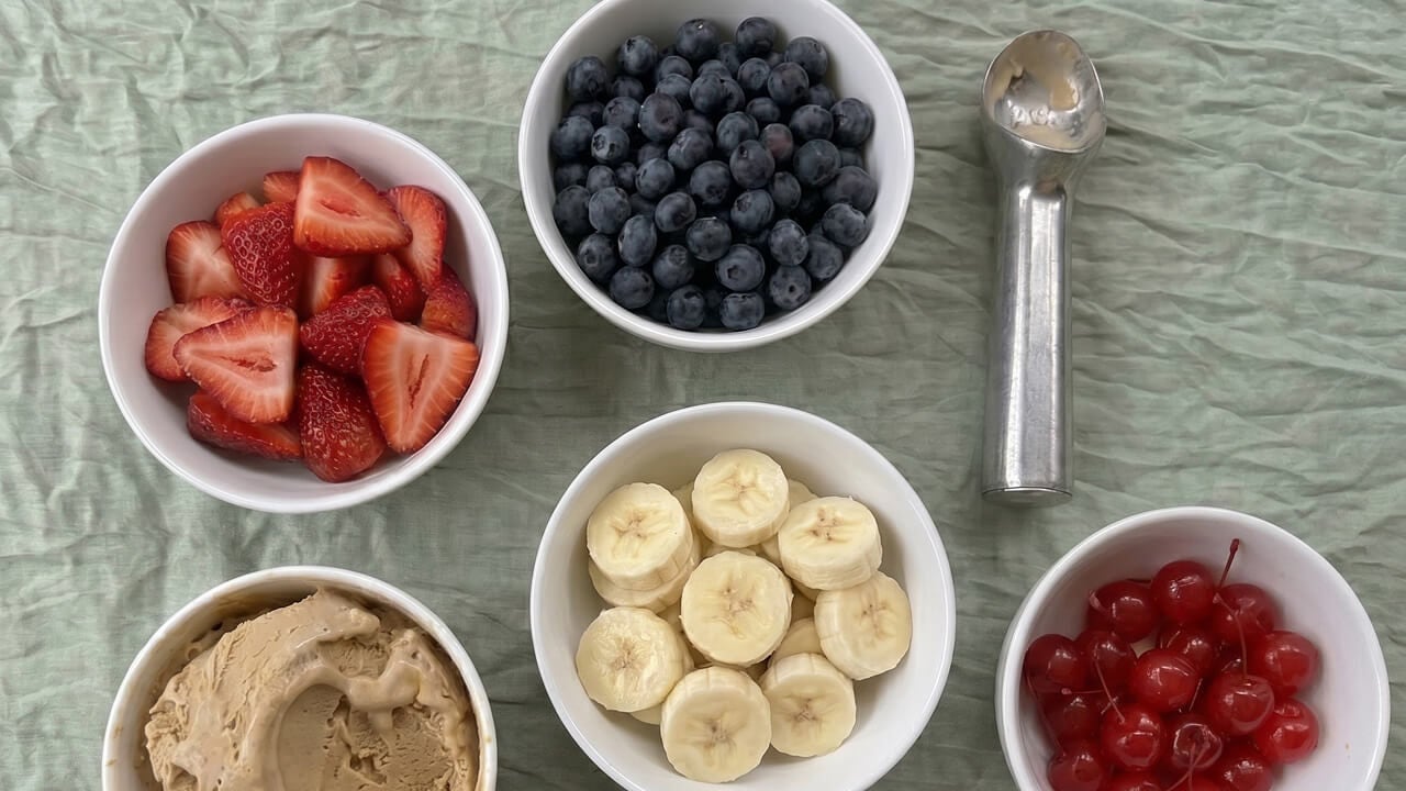 bowls of fruity sundae toppings
