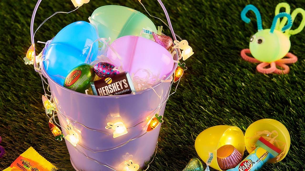 easter bucket filled with candy and glow in the dark easter eggs
