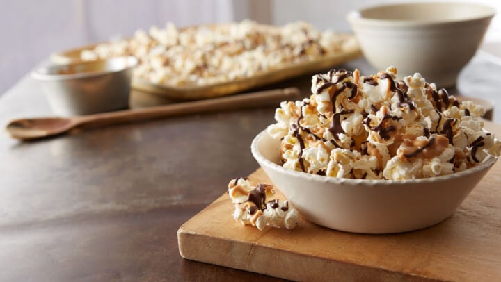 popcorn drizzled with chocolate