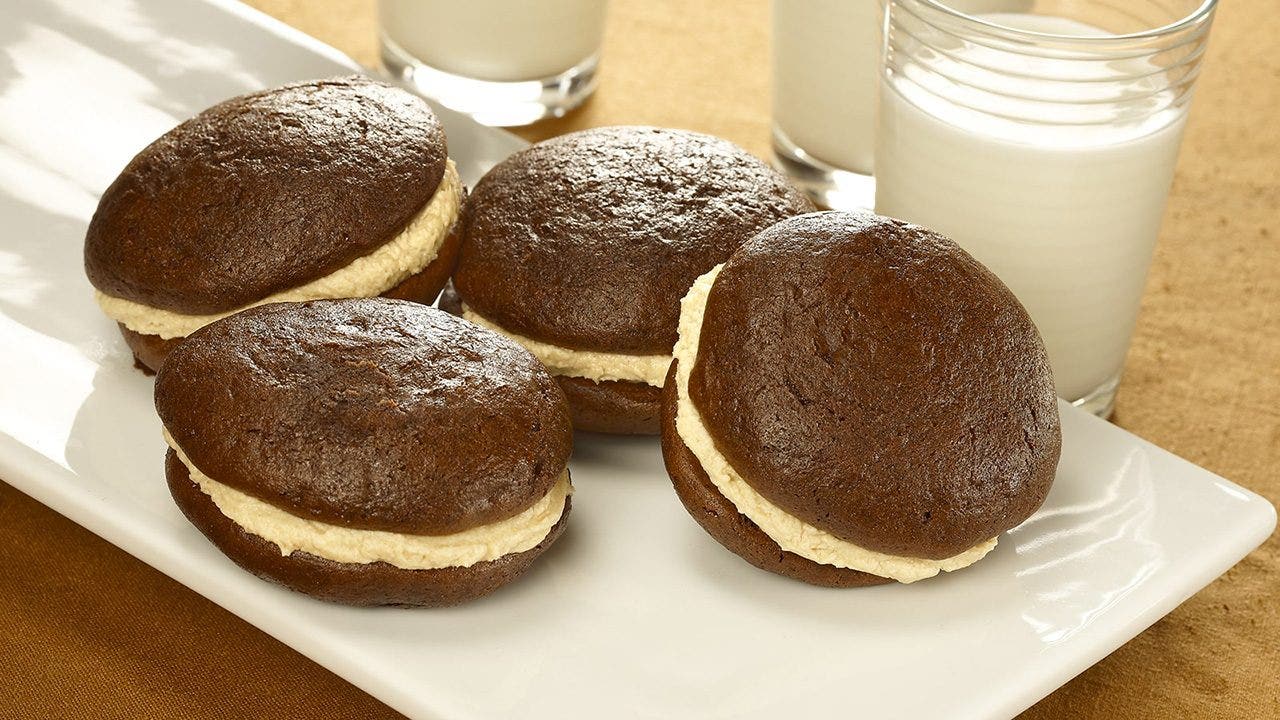 tray of peanut butter filled whoopie pies