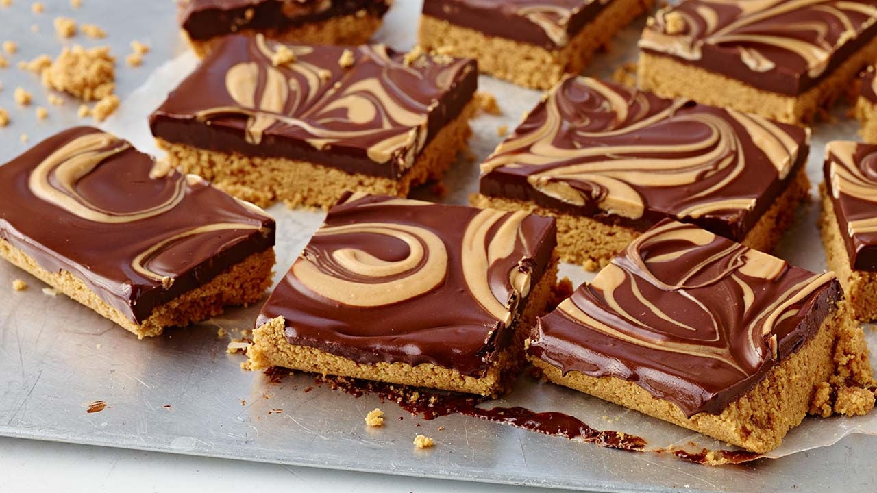 tray of no bake chocolate peanut butter bar squares