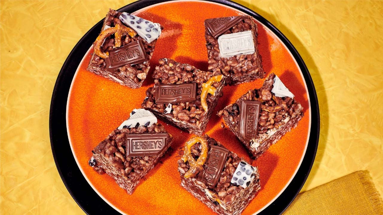 plate of hershey's chocolate crispy bar squares