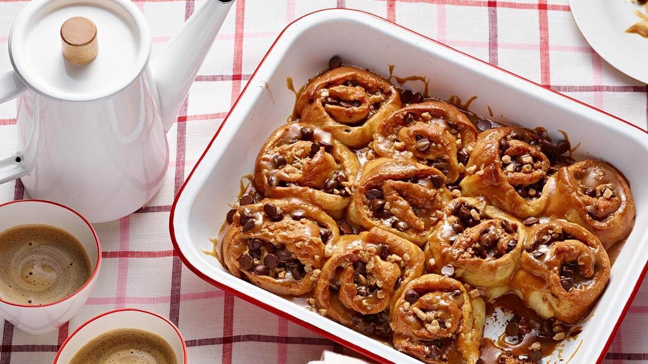 fresh batch of chocolate toffee cinnamon sweet rolls