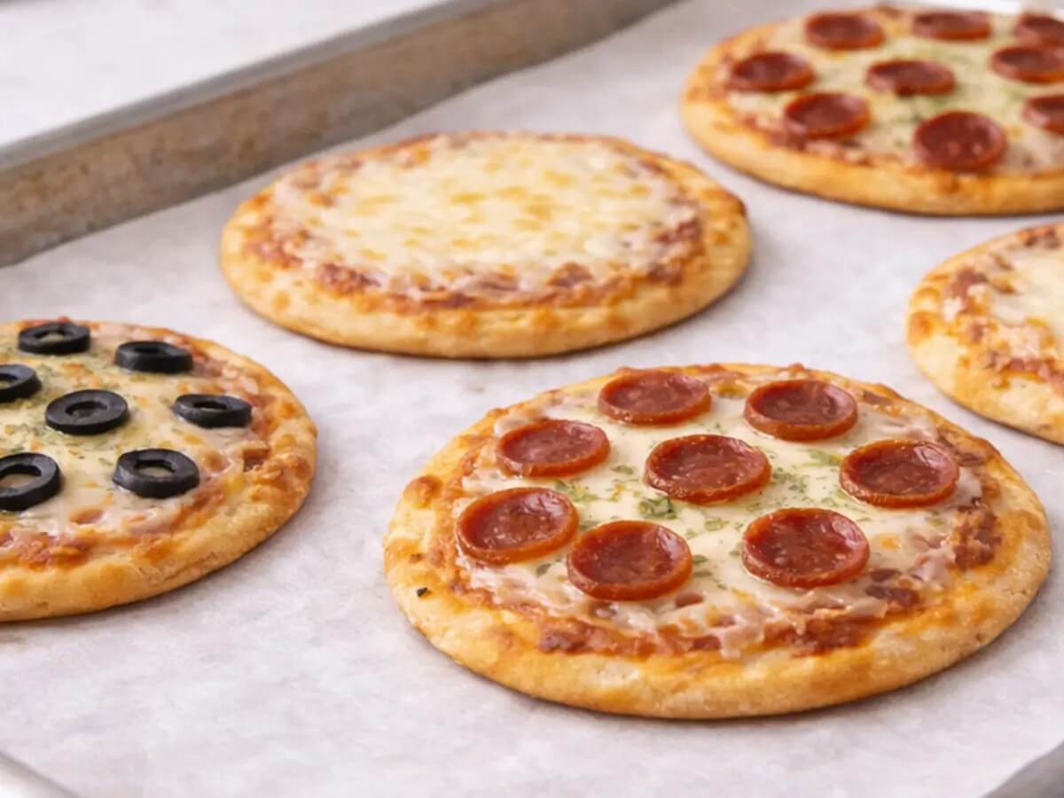 baking sheet filled with mini pizzas
