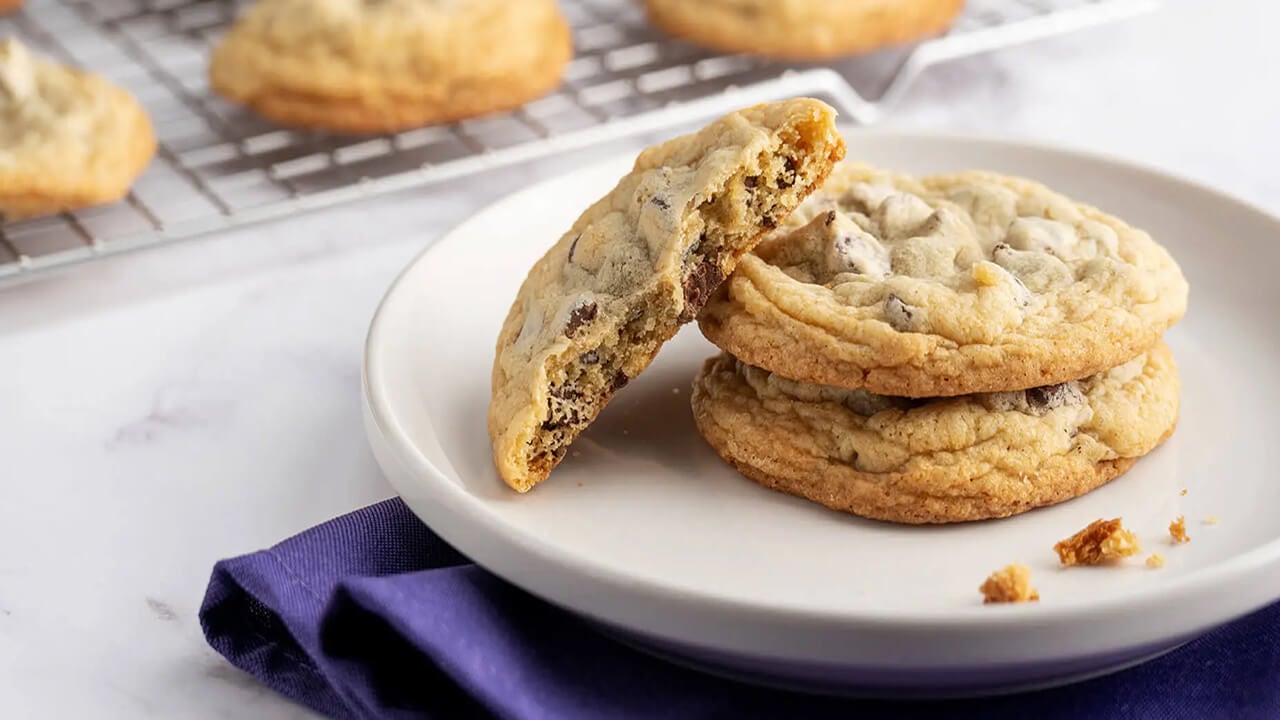 plate of freshly baked chocolate chip cookies