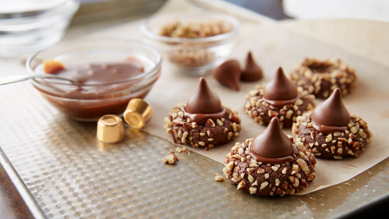 tray of caramel thumbprint cookies