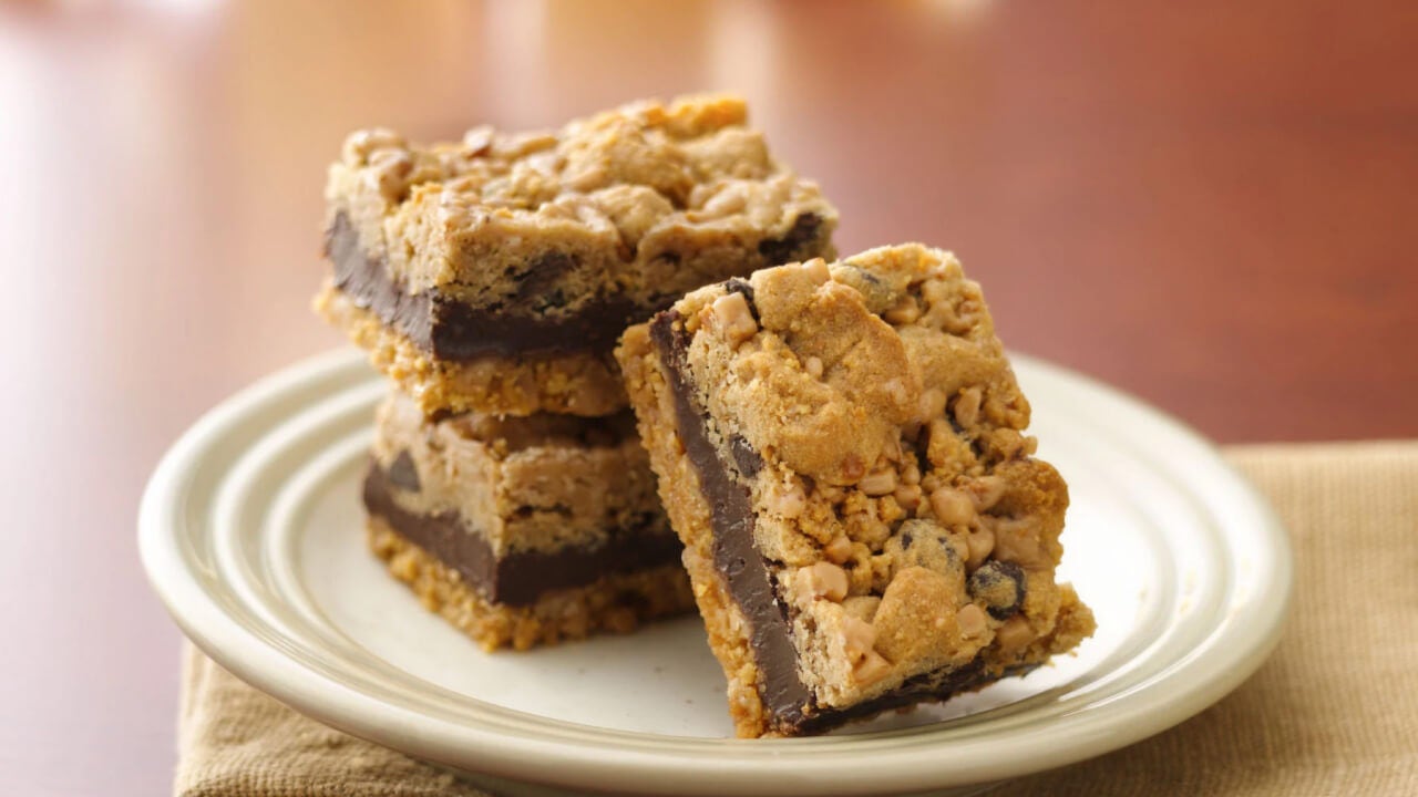 plate of chocolate chip toffee bar squares