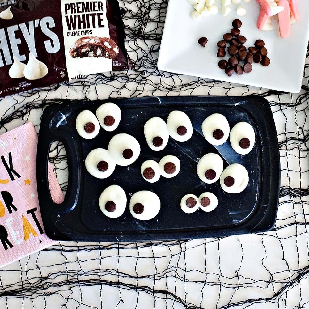 tray of chocolate googly eyes